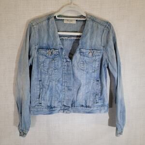 Paul Smith Italy Denim Jean Jacket Womens Large Cropped V Neck Light Wash Pocket